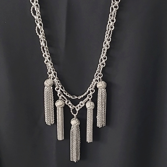 Double Strand Tassel Statement Necklace Silver - Picture 5 of 5